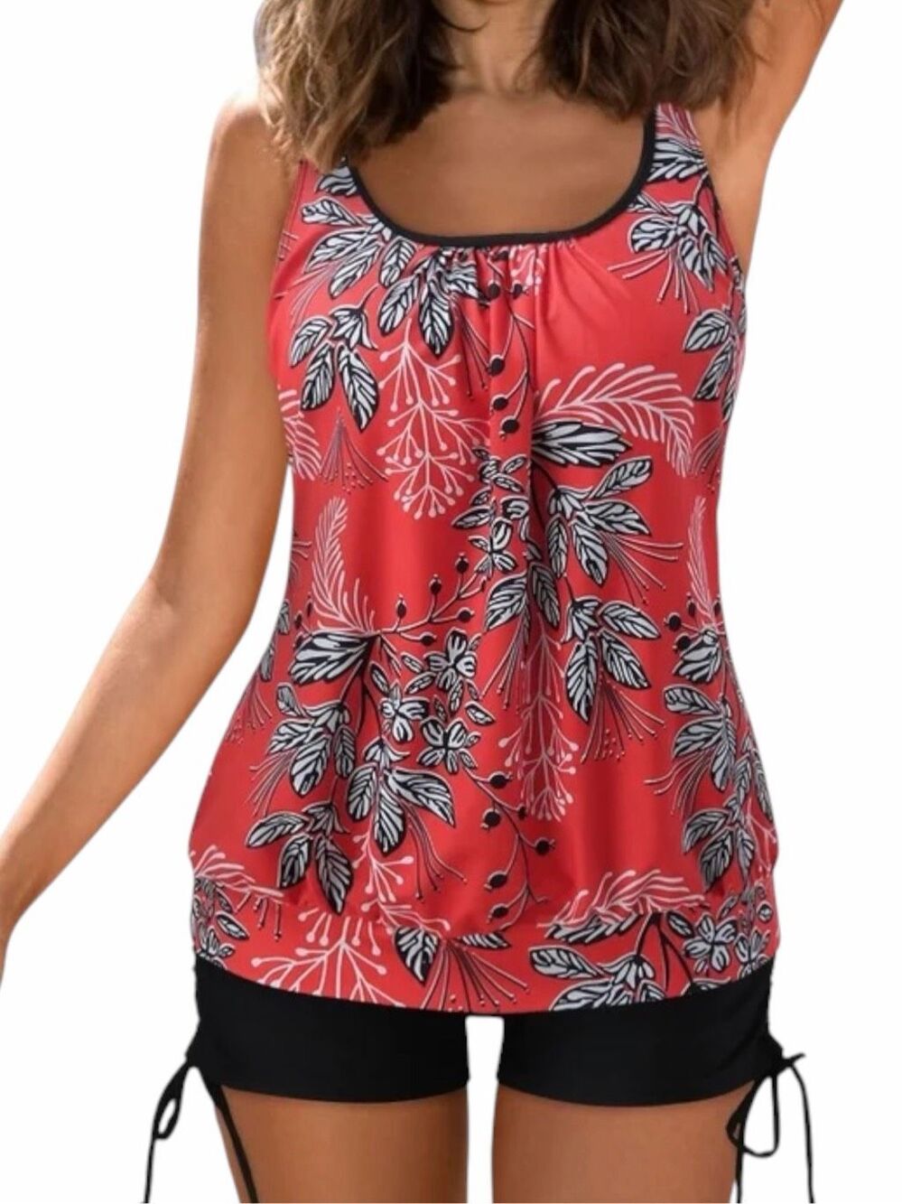 YONIQUE NWT Blouson Tankini Swimsuit Red Floral Black Boyshorts Two Piece Large